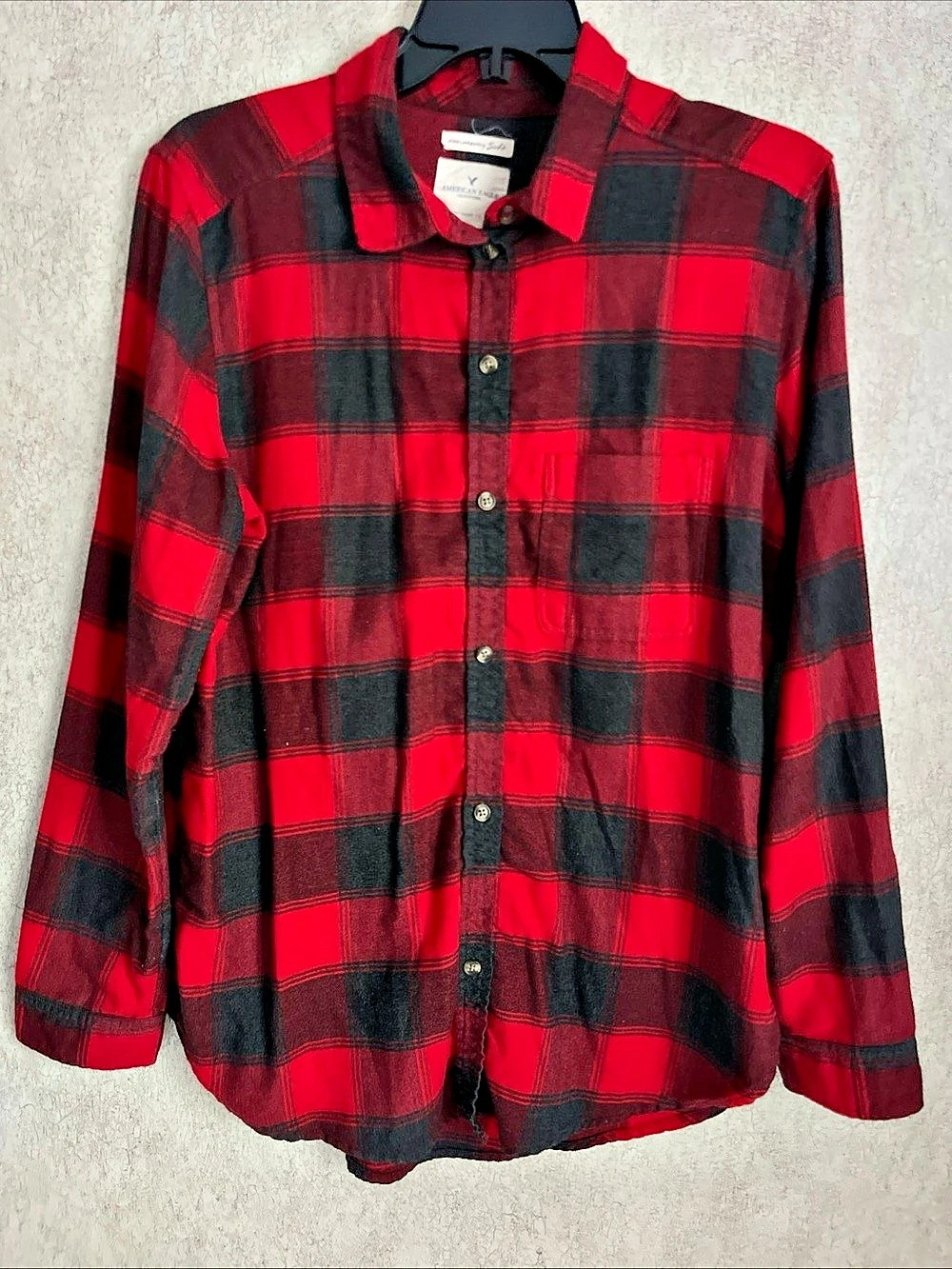 American Eagle Outfitters Ahh-Mazingly Soft Boyfriend Fit Red Plaid Flannel Shir